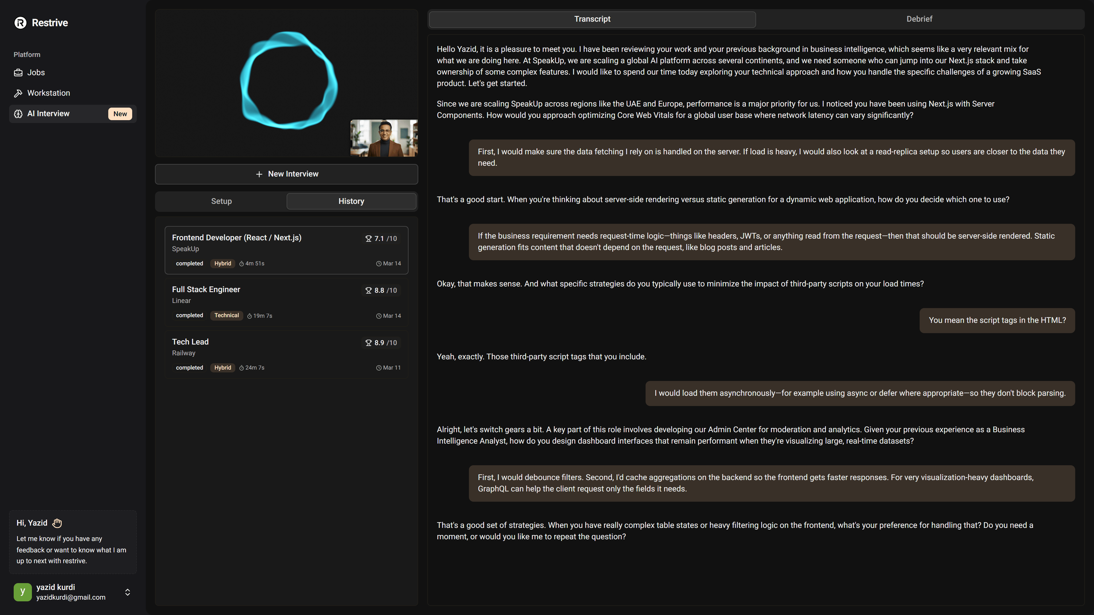 interview dashboard showing a mock interview session