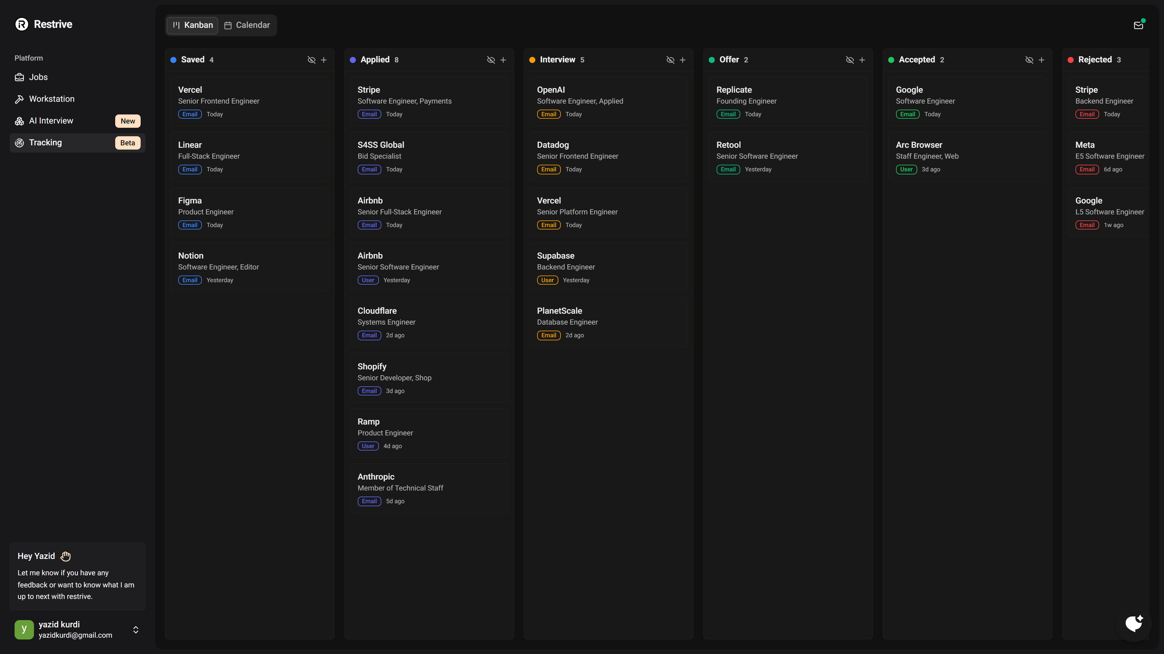 tracking dashboard showing a kanban pipeline of job applications