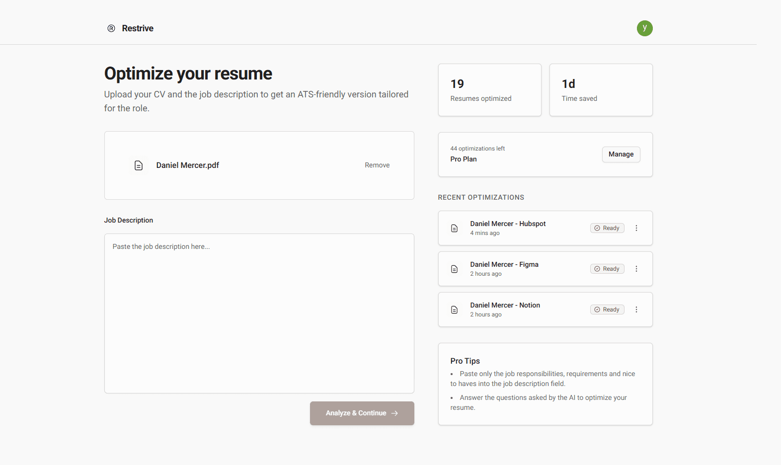 Dashboard interface showing resume matching for job applications