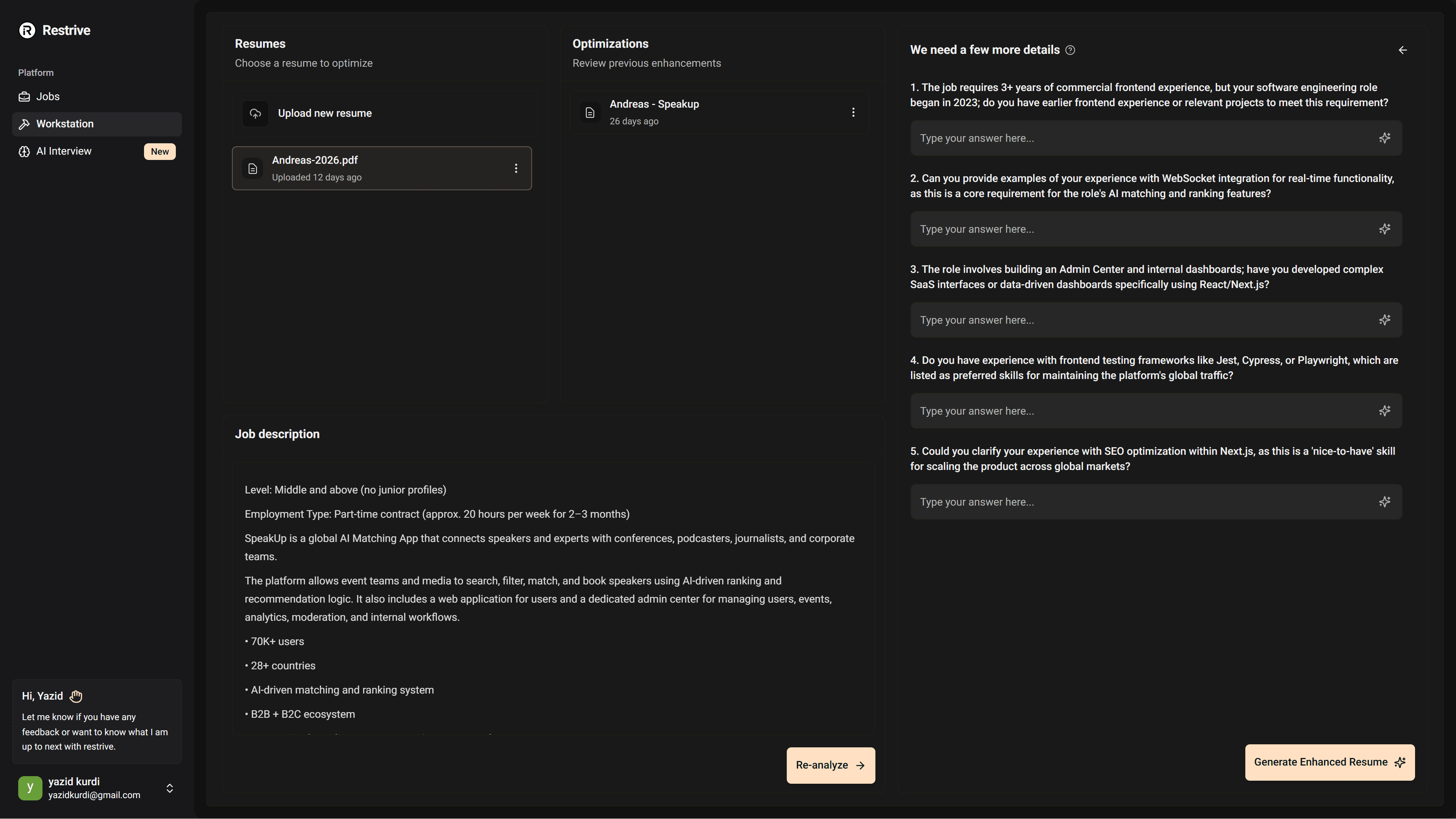 workstation dashboard showing a resume builder